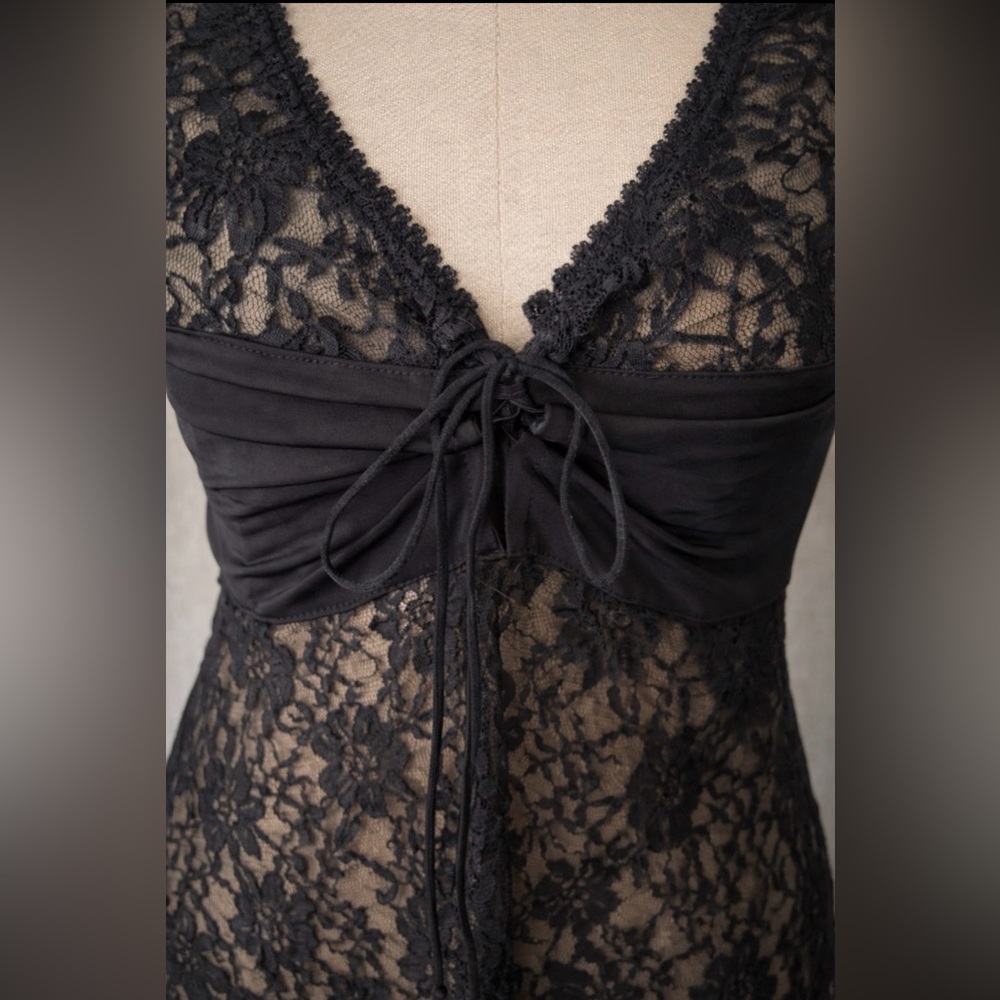 Vintage Black Lace Nightgown Sheer Slip Dress Tie Front Romantic Goth